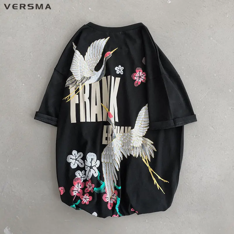 

VERSMA Korean Style Vintage Crane Cherry Blossom Print T Shirt Men Japanese Streetwear Gothic Top T-shirt Men Women Dropshipping