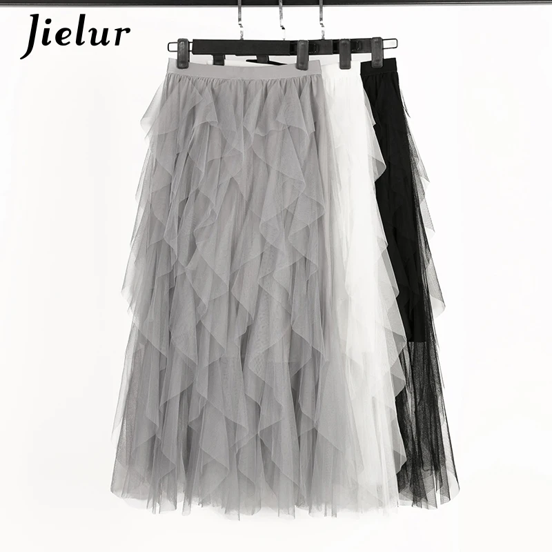 Jielur White Skirt Women Summer 2021 Vintage High Waist Irregular Mesh Skirts Gray Black Fashion Chic Pleated Tulle Korean | Женская