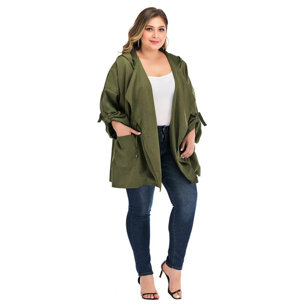 

2019 Winter New Fashion Slim Women's Plus Size Solid Hooded Drawstring Loose Trench Coat Z1012