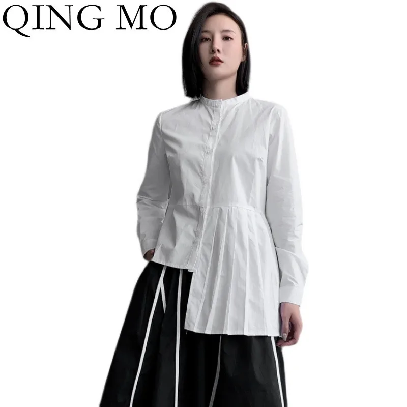 

Женская Асимметричная плиссированная блузка QING MO, однотонная блузка с длинным рукавом, весна-осень 2021