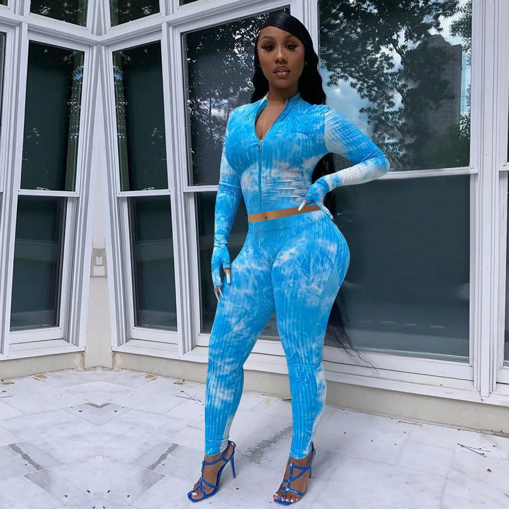 

Sexy Tie Dyed Ribbed Two Pieces Women Sets Fashion Skinny Zip Up Long Sleeve Tops Elastic High Waist Pencil Trousers Lady Sets