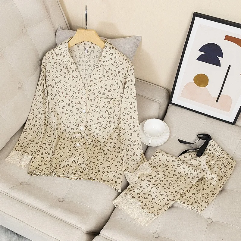 

2pcs New Leopard Print Pajamas Suit Women Spring Summer Thin Cool Rayon Trousers Net Celebrity With Silky Satin Outer Wear