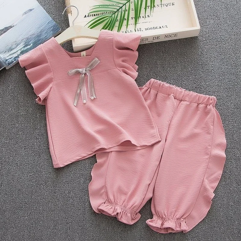 

2021 Summer New Solid Girl Pant Suits Bow Neck T-Shirts And Knee-Length Children Clothing Sets Top Quality