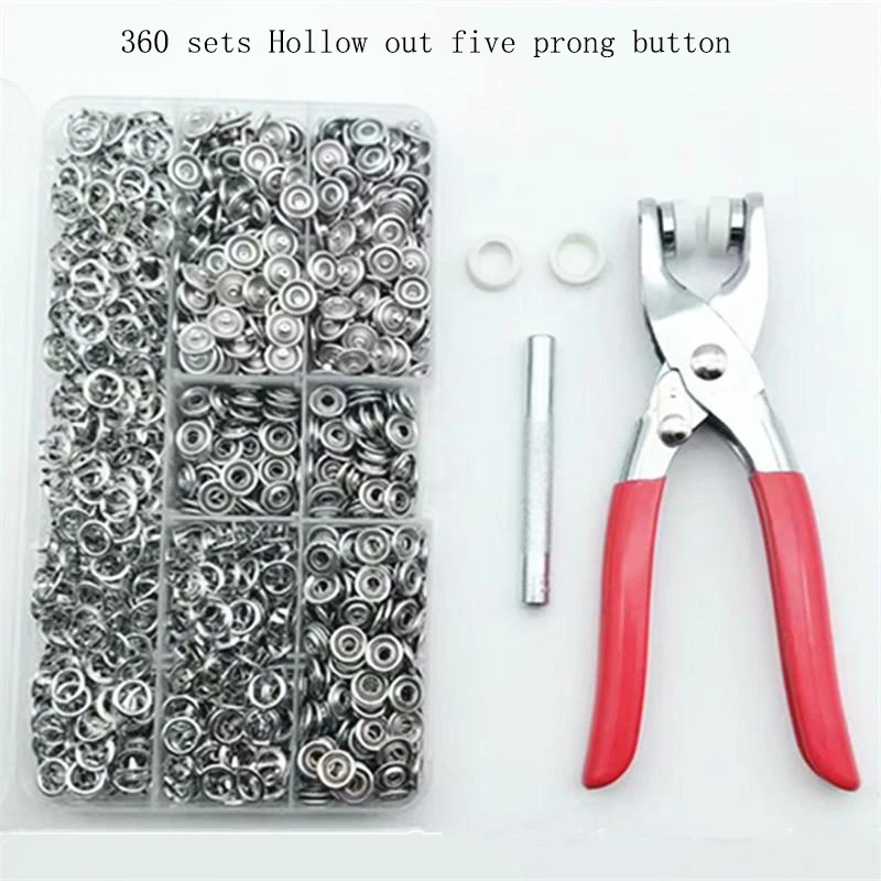 

360 Sets / Lots 9.5 MM Hollow Out Five Claw Buckle Stainless Steel Snap Button Rivet Cap + Punch Tool Pliers
