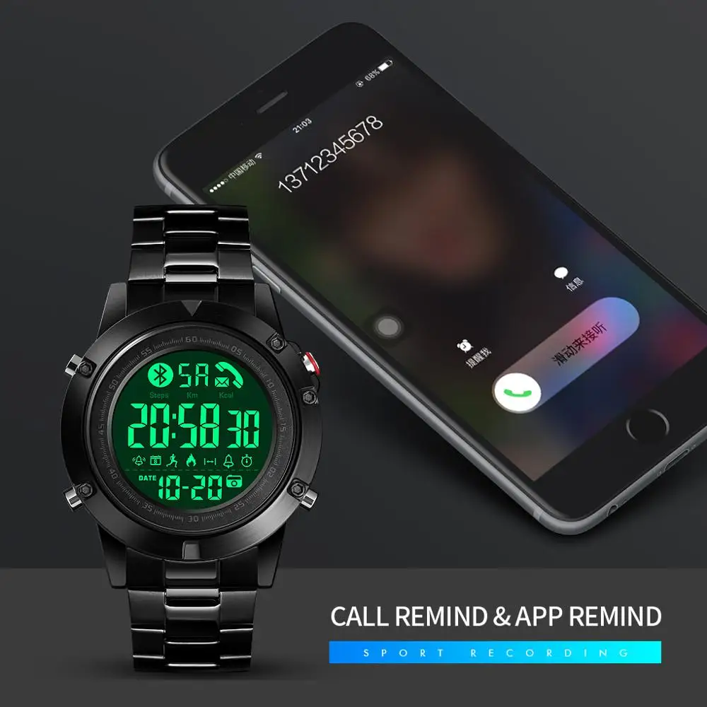 SKMEI Smart Bluetooth креативные модные спортивные наручные часы для мужчин Стальной ремешок калорий шагомер Удаленная камера Цифровые часы