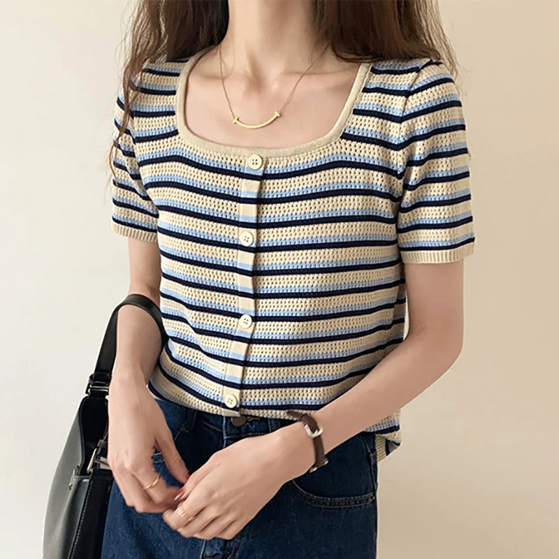 

Women's New Summer Knitted Tops U Neck Slim Thin Casual Tees T-Shirt Femme Short Sleeve Button Striped Knitting T Shirt Female