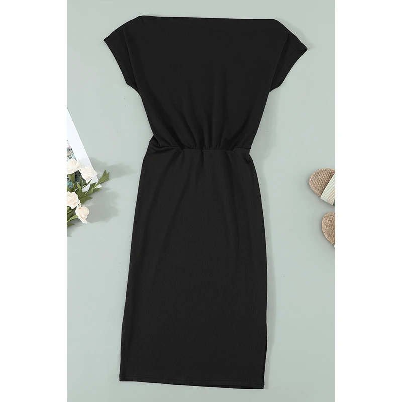 

LUCKYFRIDAYF Summer Black Solid Color Boat Neck Knit Midi Dress Vestido De Mujer Kobieta Sukienka Woman Dresses Clothes XL