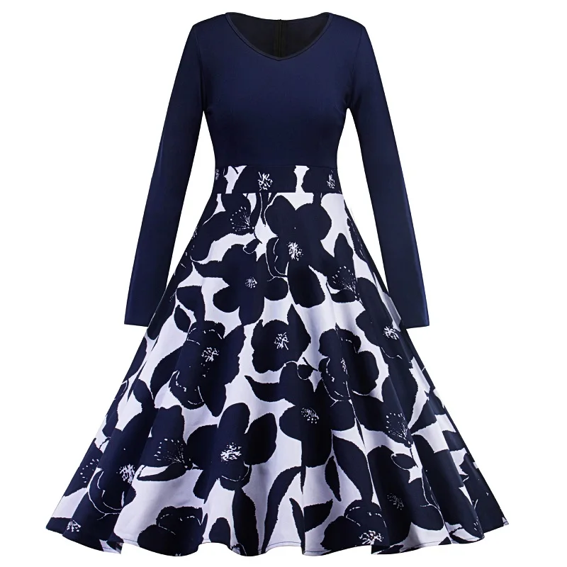 

Long Sleeve Elegant Office Blue Midi Goth Dress with Flowers Lolita Evening Party Clothes for Women Harajuku Emo Ladies Tunics