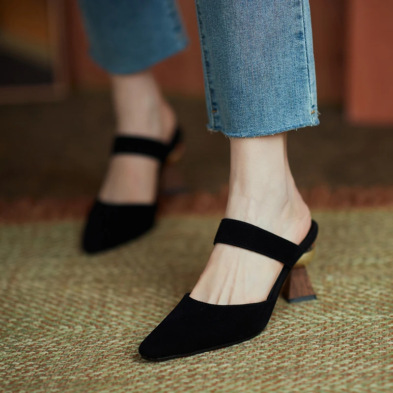 Бренд 2020 Модные мюли в горошек Женские туфли на высоком каблуке шлепанцы с острым