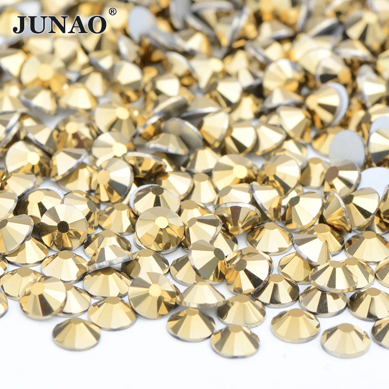 

JUNAO SS6 8 10 12 16 20 30 Gold Hotfix Glass Rhinestone Flat Back Iron On Crystal Strass Hot Fixation Stones Diamond Craft