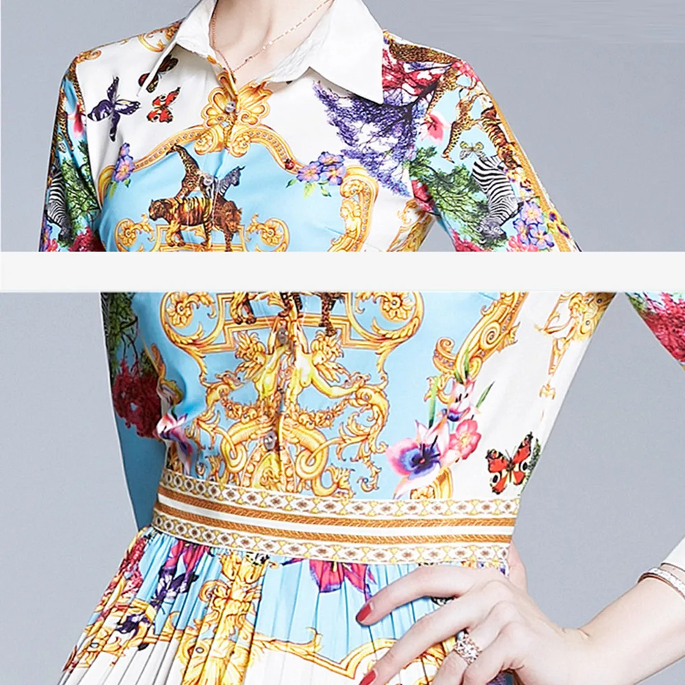 

Banulin Spring Autumn Fashion Runway Vintage Midi Dress Women's Long Sleeve Multicolor Floral Print Pleated Elegant Dress