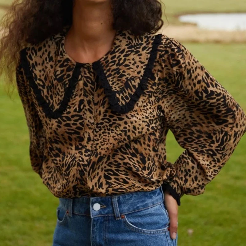 

Lace Blouses Femme Leopard Print Patchwork Doll collar Long Sleeve Button Shitrs Vintage Retro 2021 Chic Blouse Chemise Hauts