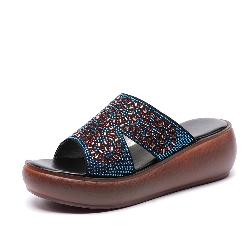

Genuine Leather Women Slippers Rhinestone Wedges Mid Heel Peep Toe Non Slip Retro Casual 2020 Ladies Shoes Zapatos De Mujer