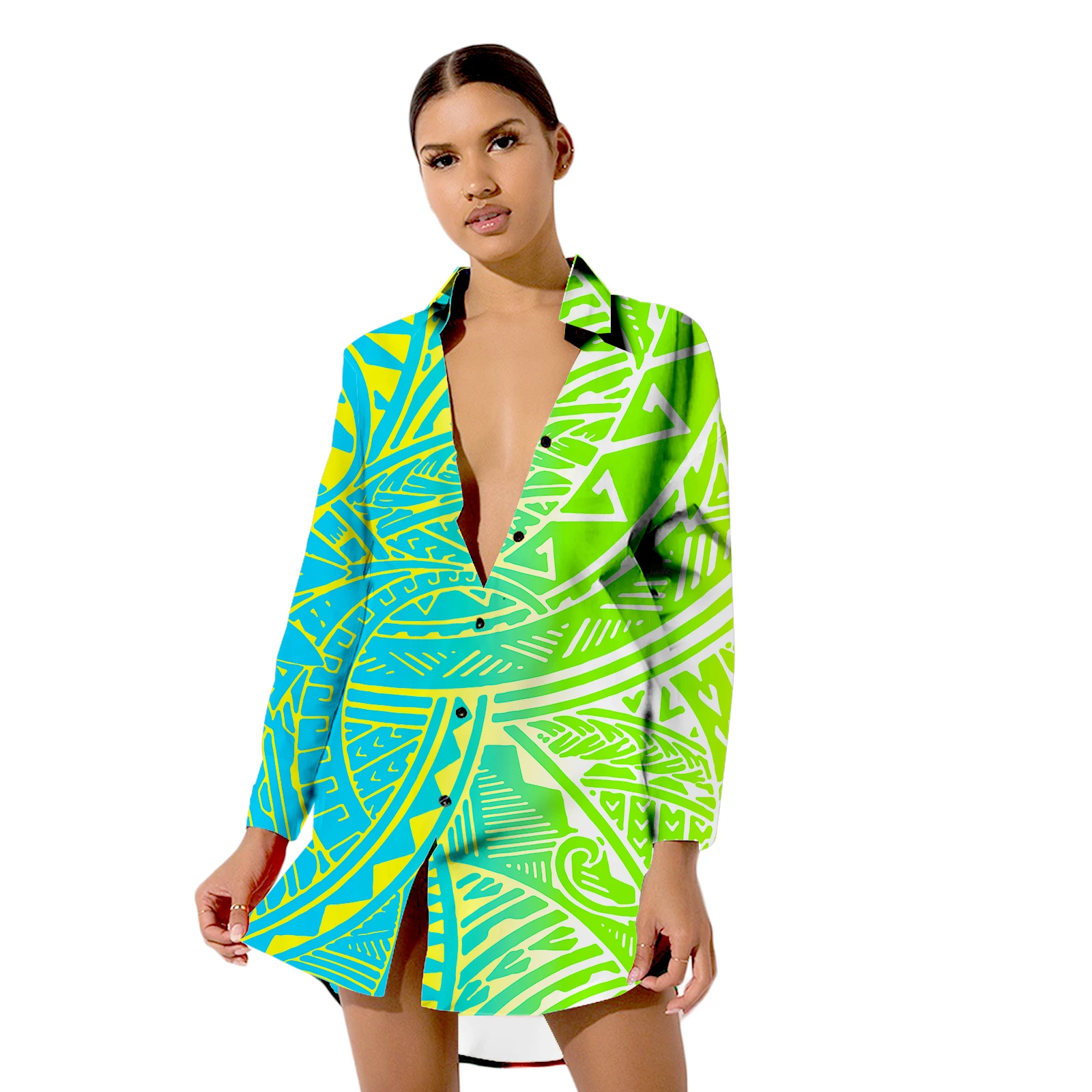 

Polynesian Tribal Design Office Long Sleeve Lapel Women Elegant Shirt Oversized Loose Graffiti Single Breasted Top Custom DIY