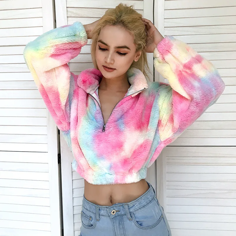 

Plush Autumn 2020 popular autumn contrast coat women's and winter women's tie dye waist sweater