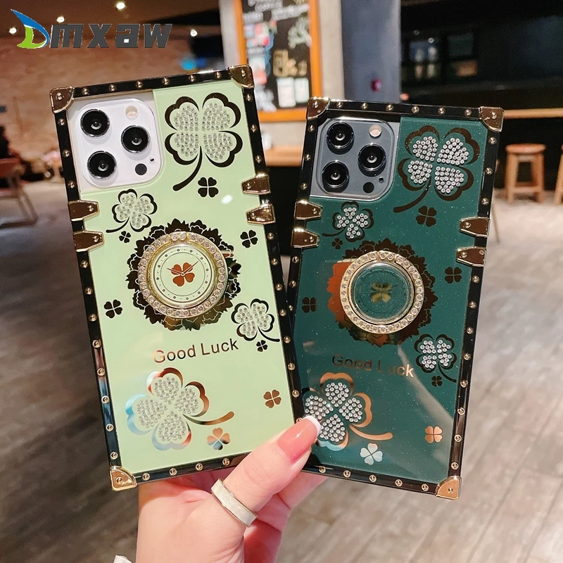 

Роскошный чехол со стразами Realme C21 C20 C17 C12 C15 C11 7i 8 5 Pro 6 5i 5s C3 2 Pro квадратный четырехлистный клевер чехол для телефона с держателем