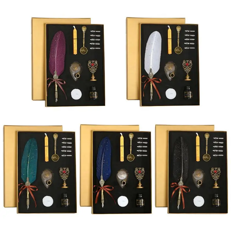 

Sprinkle Gold Luxury Vintage Feather Quill Dip Calligraphy Fountain Pen Writing Ink 5 Nibs Set Stationery Gift Box