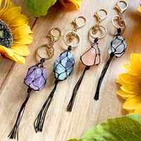 ethnic hand woven knotted macrame crystal quartz rough diamond keychains for women natural stone key rings