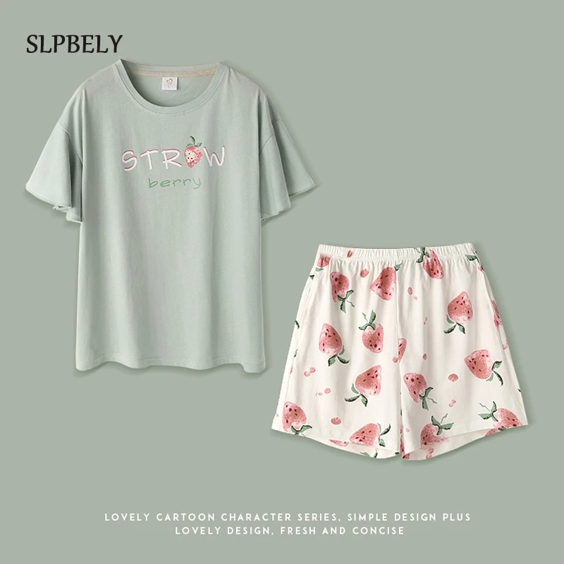 

SLPBELY 100%Cotton Women Pajamas Set Strawberry Printed Summer Short Sleeved Pajamas Sleepwear Nightwear Loungewear Mujer Pijama