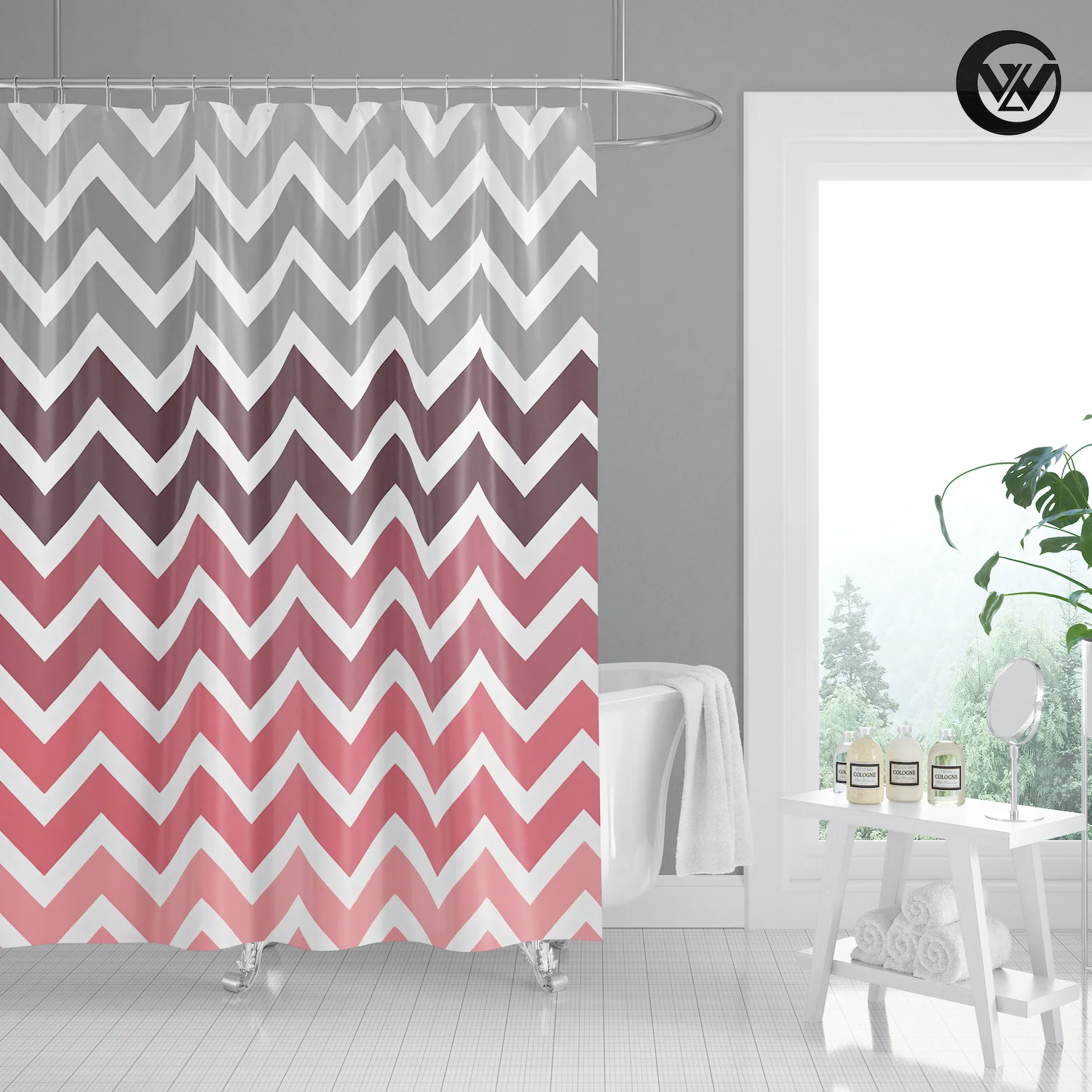 Nordic Printing Red Gray Wave Geometric Design Kids Bath Shower Curtain, Fancy Designers Waterproof Bathroom Bathtub Curtain
