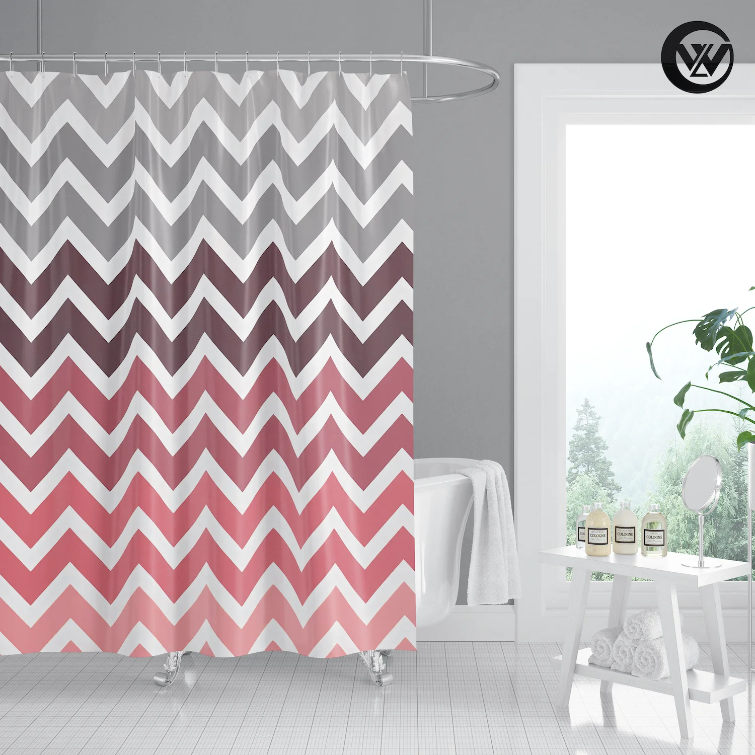 Nordic Printing Red Gray Wave Geometric Design Kids Bath Shower
Curtain, Fancy Designers Waterproof Bathroom Bathtub Curtain