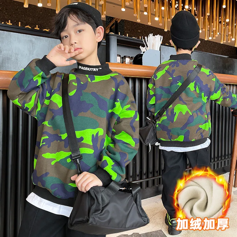 

Autumn Children Clothing Boys Plus Velvet Thick Camouflage Pullover Sweatshirt Teenagers Kids Winter Fashion Warm Bottoming Tops