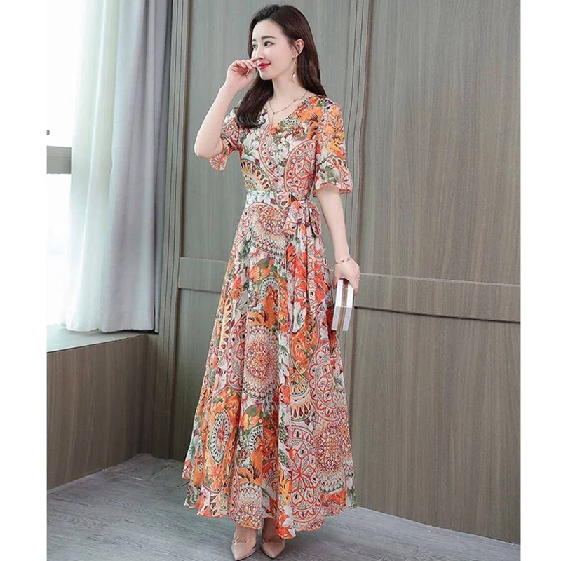 

Women's Floral Fashion Dress Waist Short Flare Sleeve Long Dress