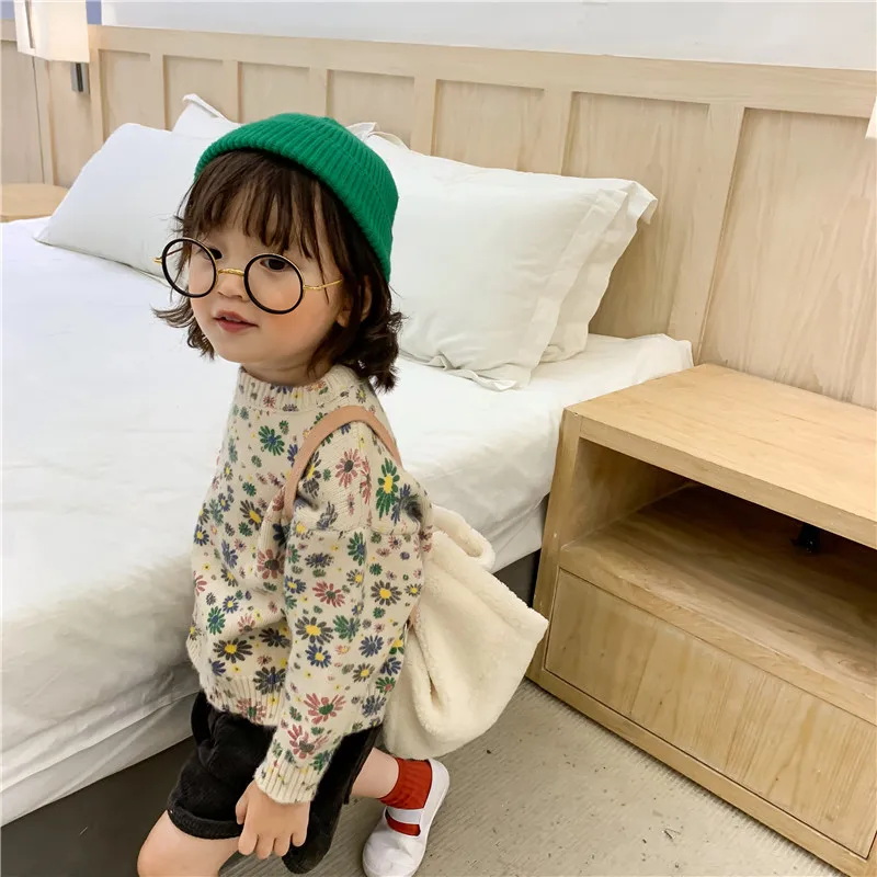 Осенняя модная одежда для девочек красочные маргаритки теплые свитера маленьких