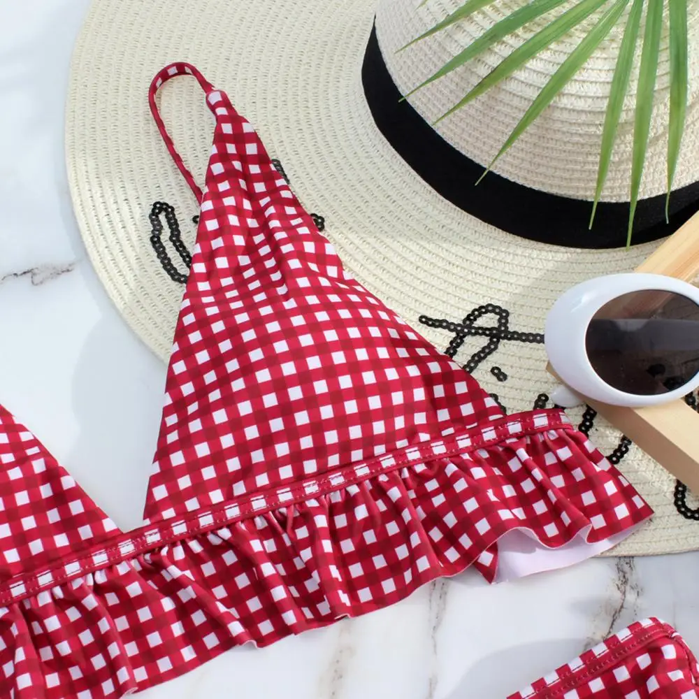 

Fashion Women Summer Plaid Swimwear Bikini Set Padded Ruffle Bra Thong Briefs Plaid Swimwear Bikini Brazilian Beach Swimsuit