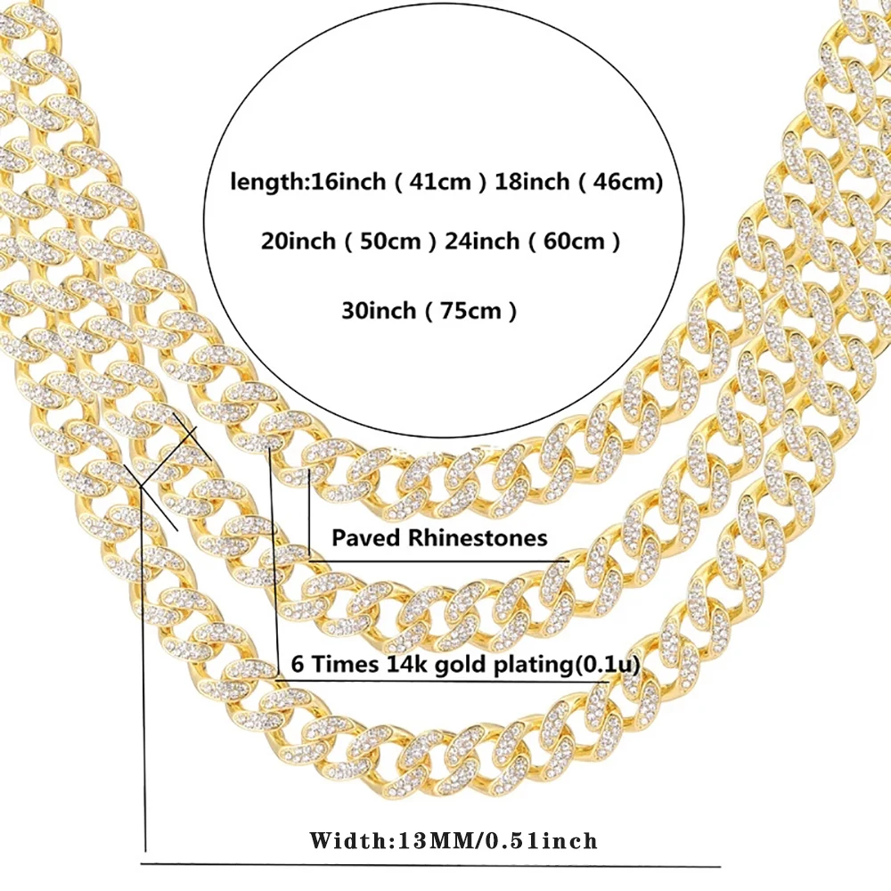 

Hip Hop Cuban Necklaces Men Iced Out Crystal Rhinestone Miami Cuban Chain Gold Color Popular Necklace Bracelet Set for Women