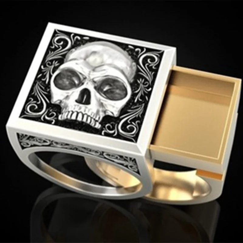 

Mens Fashion Personality Plated Two-Tone Skull Silver Rings For Men Women Secret Compartment Memorial Souvenir Cinerary Ring
