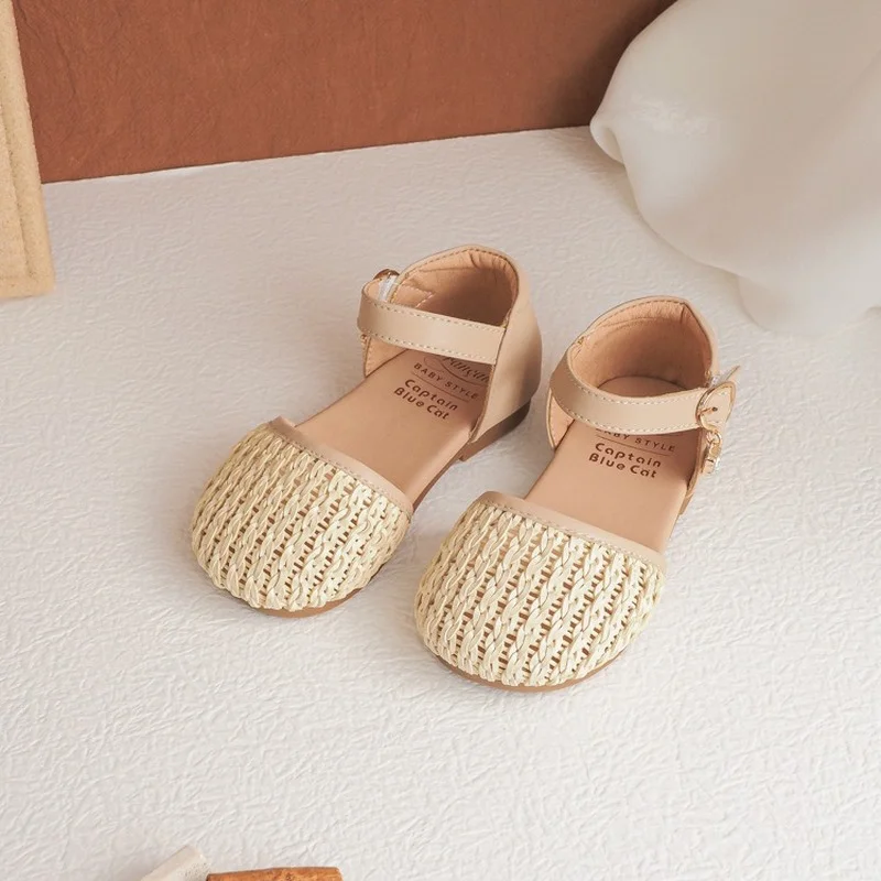 

Princess Shoes 2021 Spring Summer Retro Woven Children Gladiator Sandals Princess Shoes Girls Solid Color Fashion Sandals