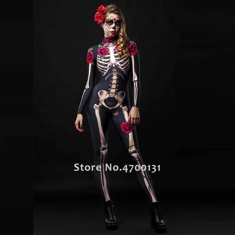 Карнавальный женский комбинезон Zentai с принтом скелета и розы на Хэллоуин призрак