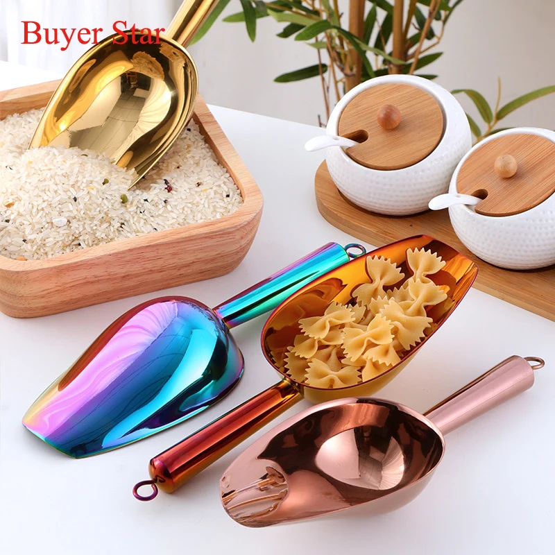 

Gold Ice Scoop Shovel Stainless Steel Buffet Candy Flour Shovel Spoons Kitchen Gadget Party Sugar coffee bean Spoons Bar tools
