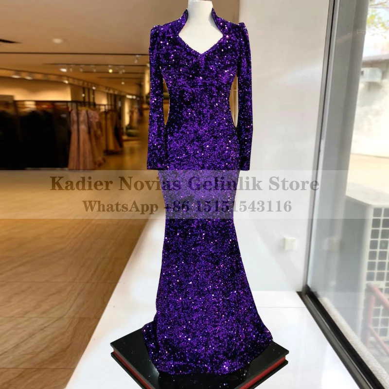 

Long Sleeve Mermaid Purple Sequin Evening Dresses 2021 Arabic Elegant Prom Dress Vestido De Fiesta