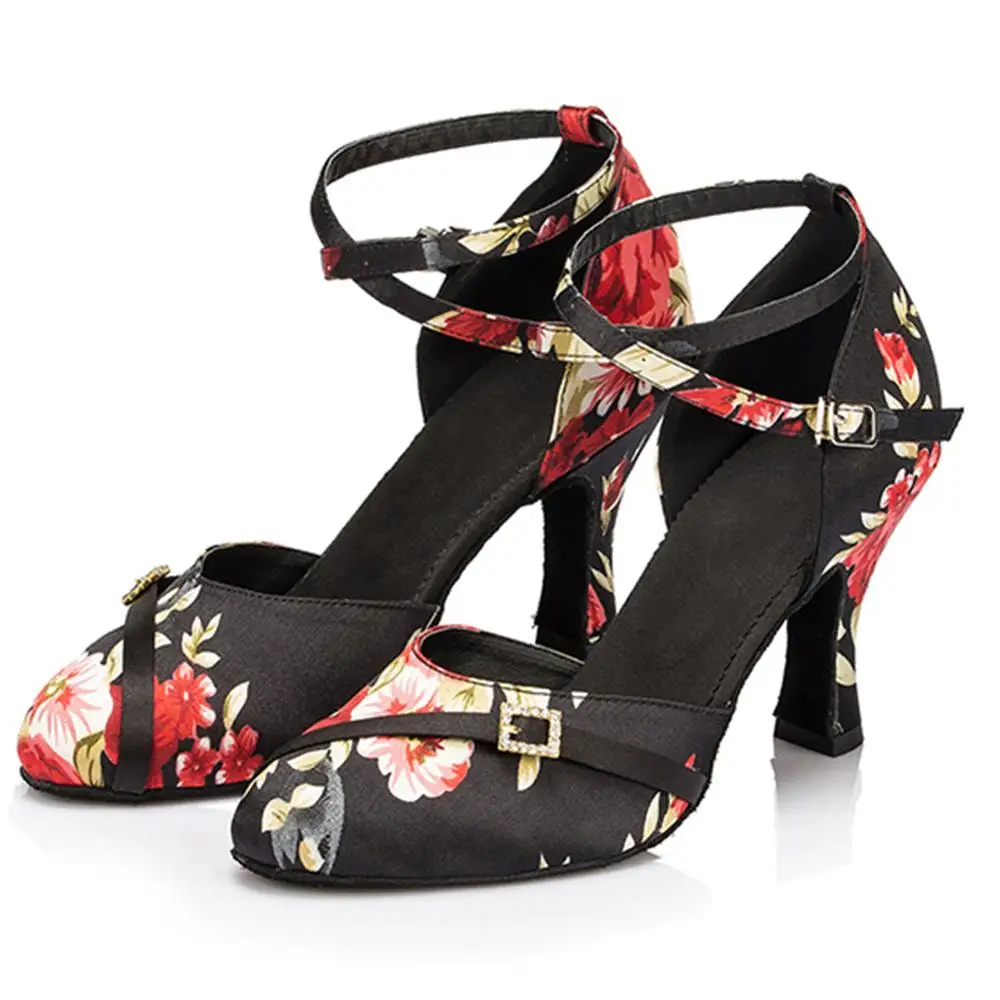 HROYL Women Latin dance shoes For Girls ladies Black Flower Print Ballroom Tango Dancing Shoes 10/8.5/7.5/6/5CM Heels Wholesaler