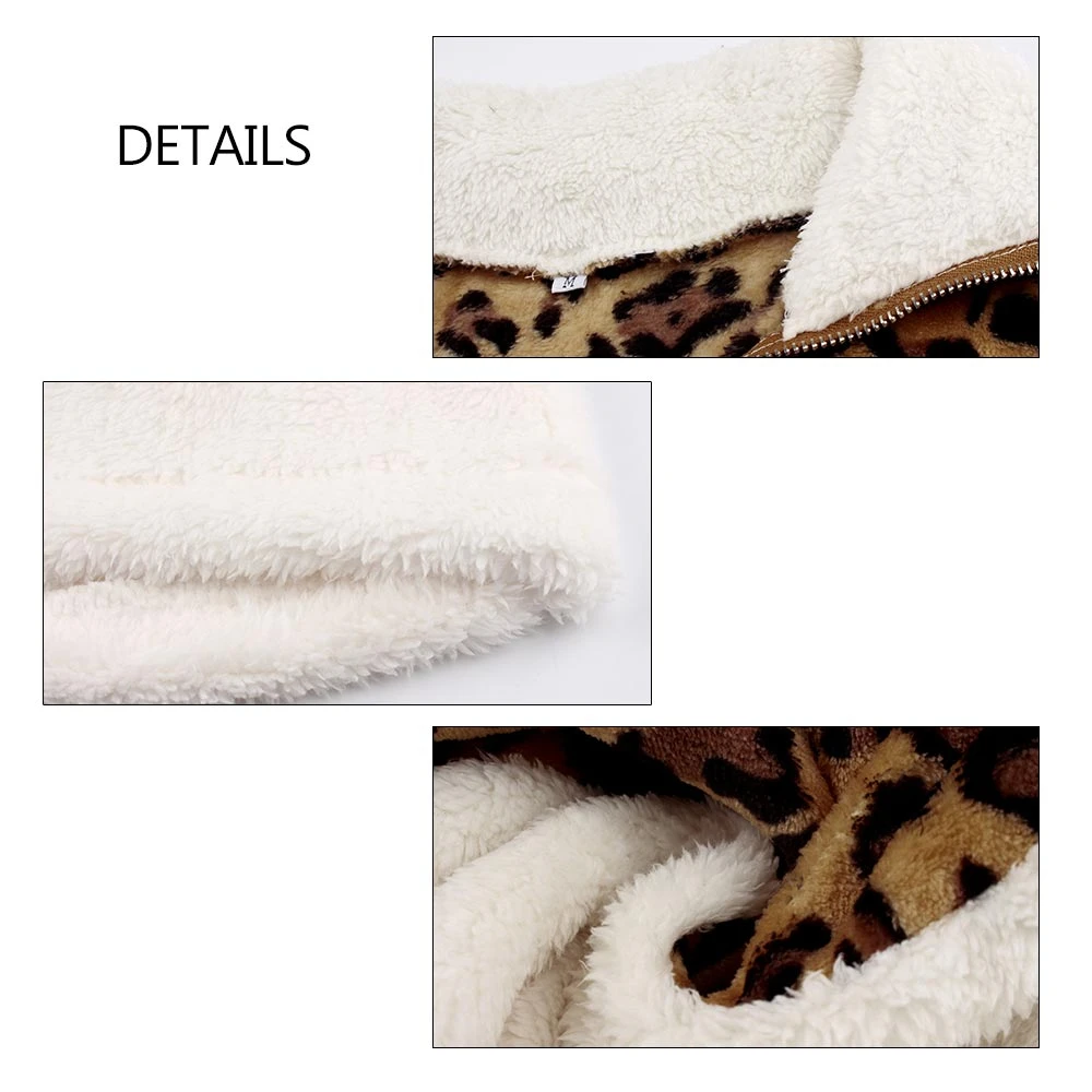 

Leopard Splice Women Sweatshirts Patchwork Autumn Winter Soft Zipper Lambswool Tops Casual Pockets Plush High Collar Streetwear