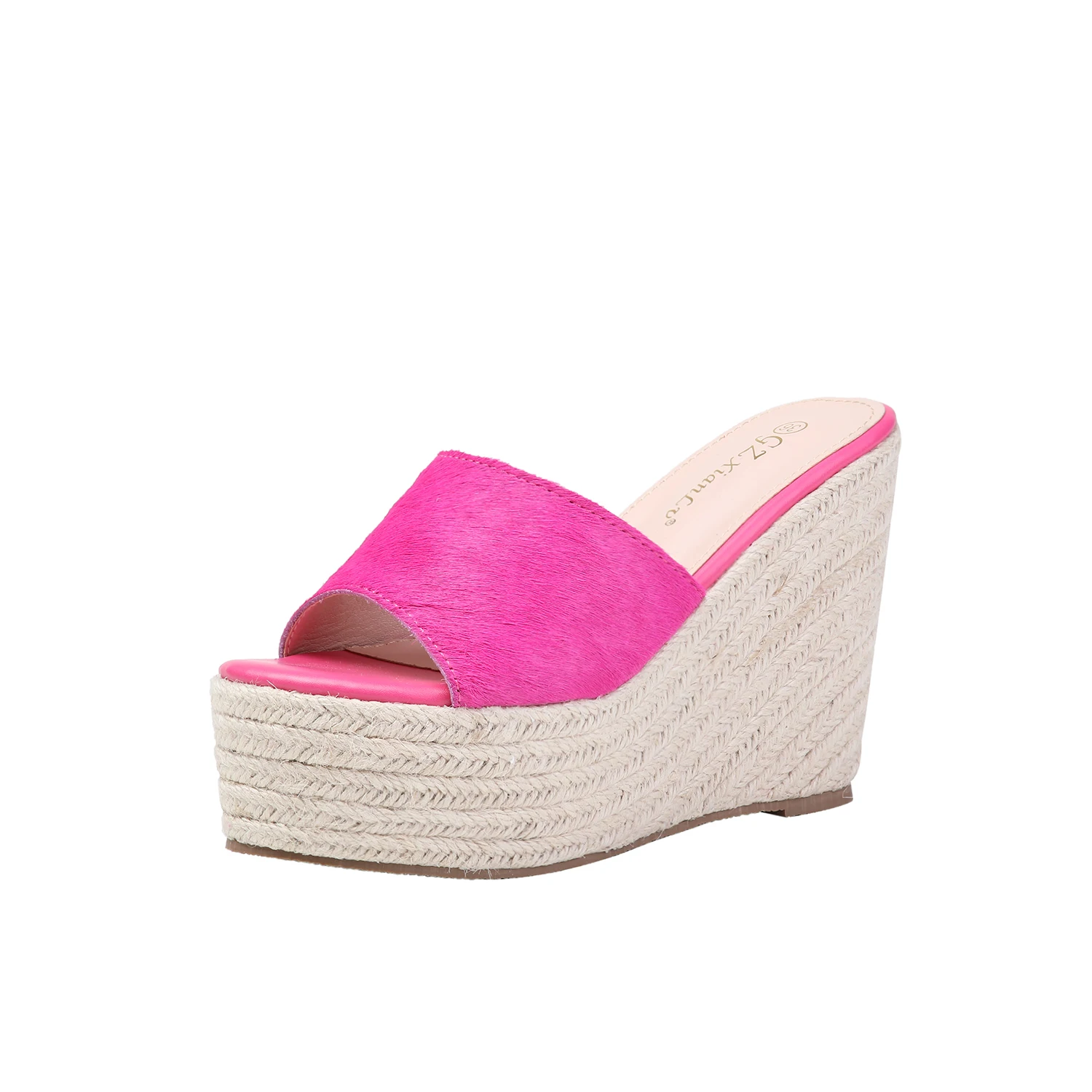 

Med High-Heeled Shoes Lady House Slippers Platform On A Wedge Peep Toe Luxury Slides Designer Fashion PU Horsehair Rubber Super