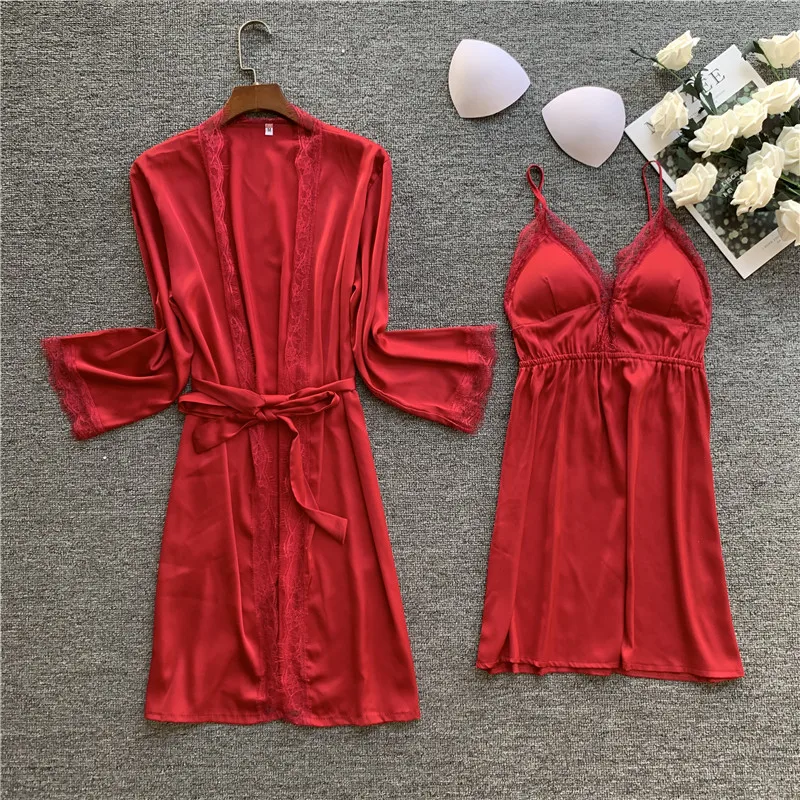 

Kimono Bathrobe Gown Women Silky 2PCS Nighty&Robe Suit Satin Sleepwear Nightgown Casual Nightdress Sexy Intimate Lingerie