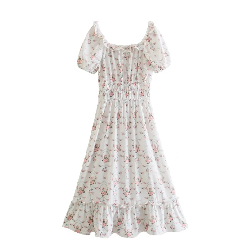 

Женское платье-миди с квадратным вырезом, коротким рукавом и цветочным принтом