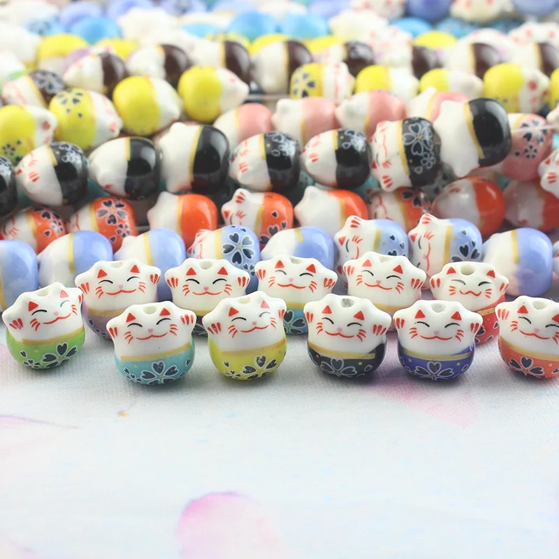 

15pcs Hand Painted Ceramic Beads 13x14mm Loose Spacer Lucky Cat Ceramics Bead For Jewelry Making DIY Bracelet Necklace