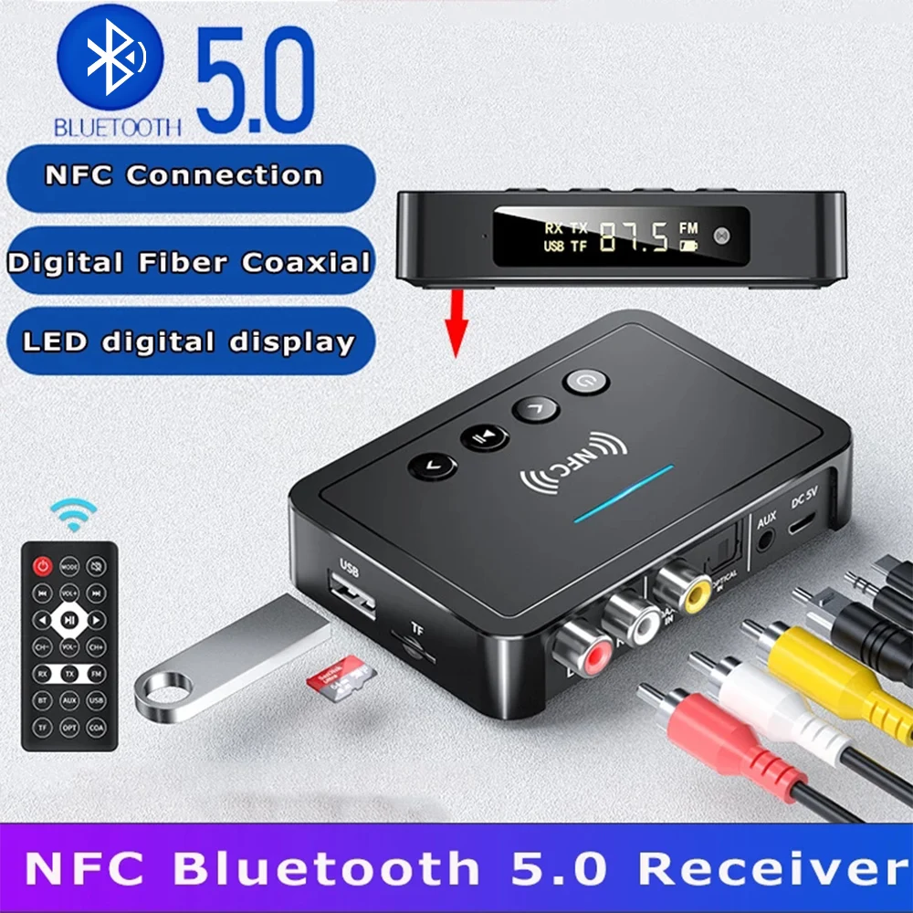 

NFC 5.0 Bluetooth Receiver LED Digital Dispaly RCA AUX Coaxial Optical Input FM Transimtter Adapter for PC Car Home Stereo