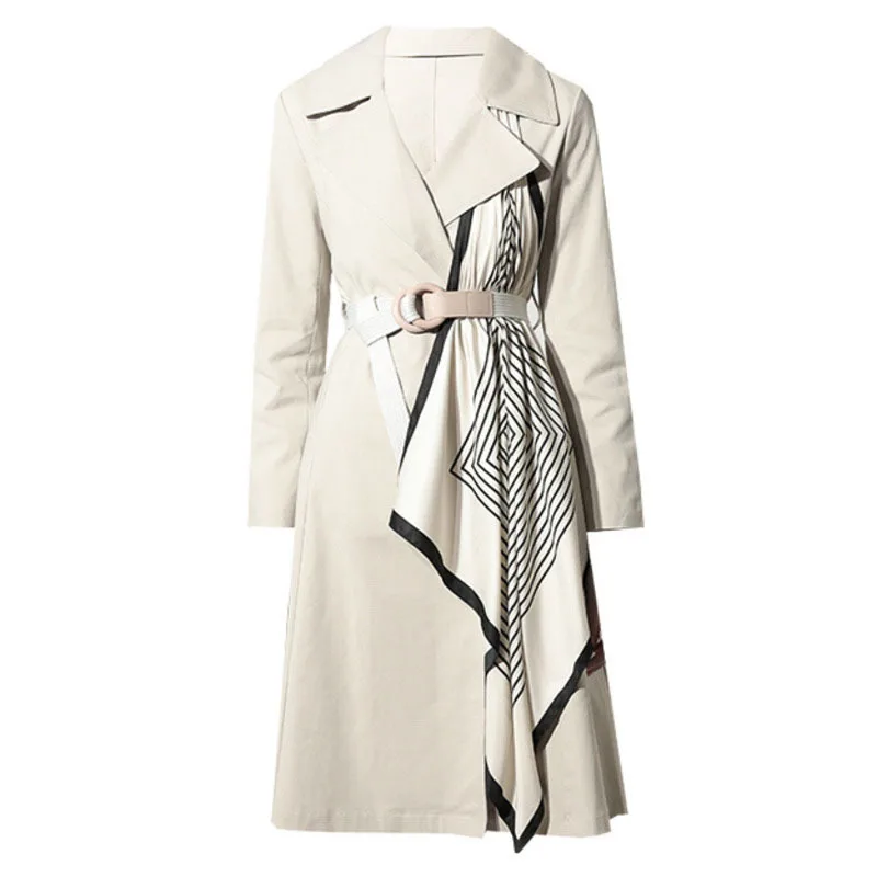 

{DEAT} Women Khaki Printing Ribbons New Turn-down Collar Long Sleeve Slim Fit Windbreaker Fashion Tide Spring Autumn 2021 7E8121