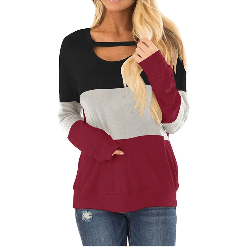 

Spring Autumn Fashion 3 Colors Stitching Women Tops Casual Long Sleeve Loose T Shirt Hollow O Neck Patchwork Pullover Streetwear
