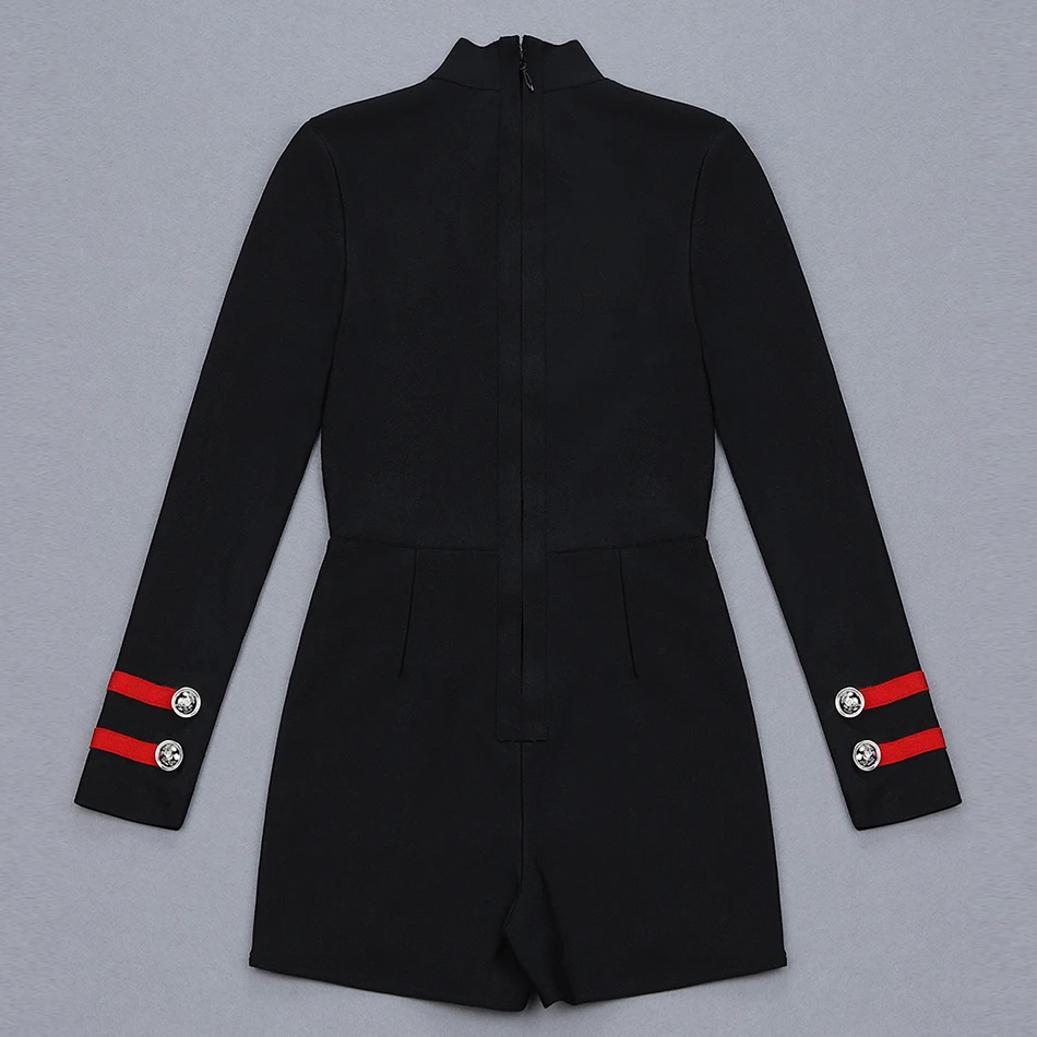 Женский бандажный комбинезон черный с длинным рукавом и пуговицами на лето