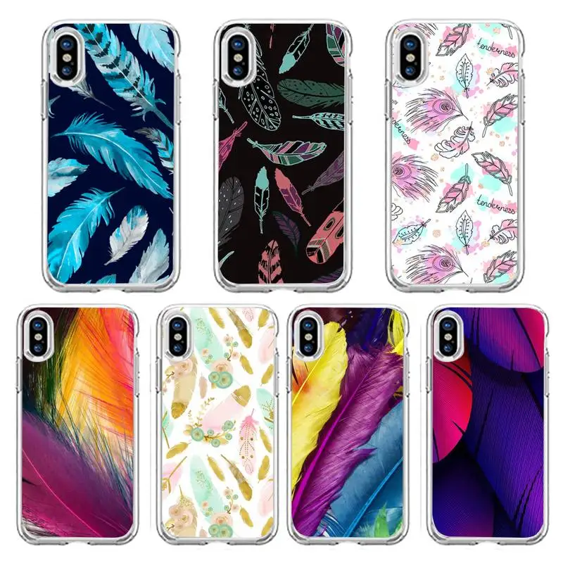 

Colorful Feathers pattern Phone Case Transparent soft For iphone 12 11 13 7 8 6 s plus x xs xr pro max mini