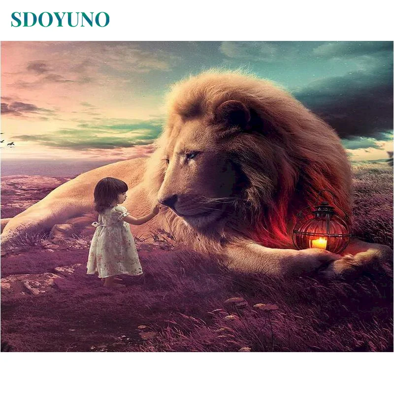 

SDOYUNO 60x75cm Oil Painting By Numbers Girl And Lions DIY Paint By Numbers On Canvas Animals Frameless Digital Hand Painting De