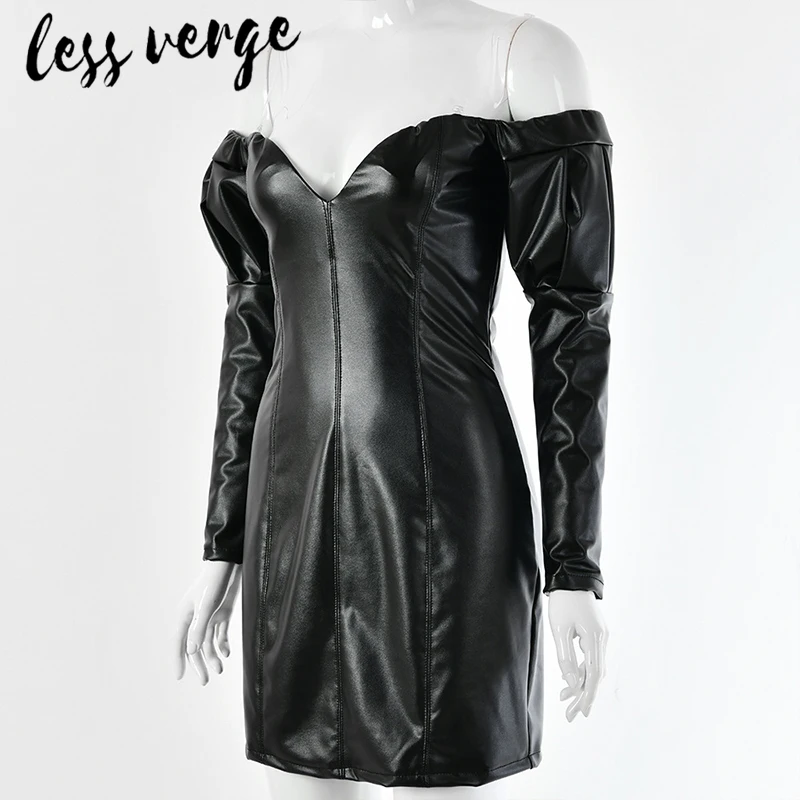 Lessverge осеннее черное платье из искусственной кожи с открытыми плечами женские