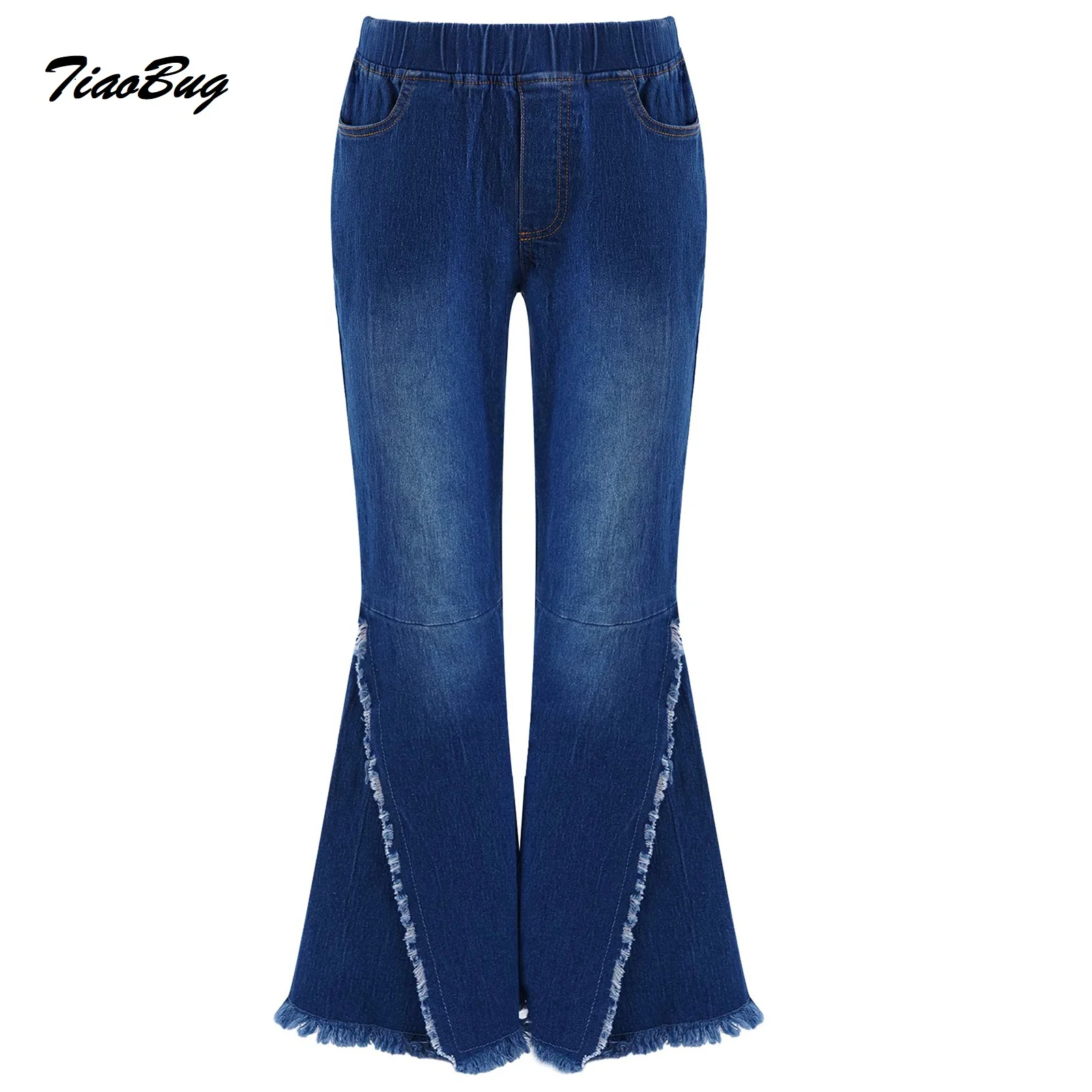 

Kids Girls Bell-bottomed Jeans Girls Stylish Clothing Elastic Waistband Crisscross Ripped Hem Denim Casual Wide-leg Pants