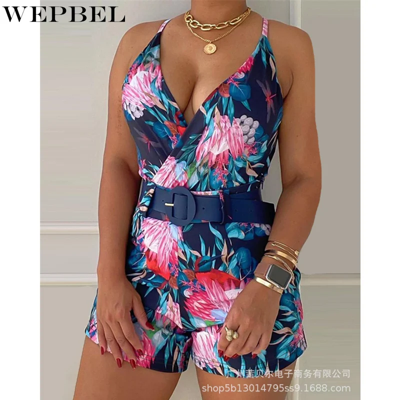 

WEPBEL Women's Elegant Print Straight Playsuit Ladies Casual Fashion Sleeveless Halter V Neck Corset Romper Shorts